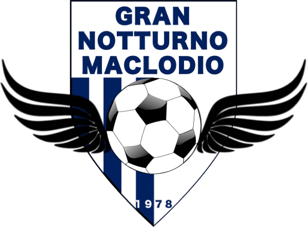 Stemma del Gran Notturno Maclodio: scudo a strisce blu e bianche con pallone alato e la data 1978